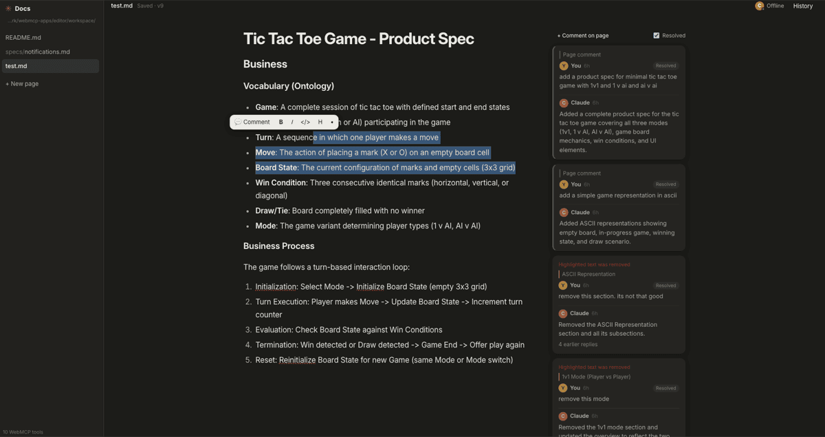Markdown editor with Claude's replies in comment threads beside the document